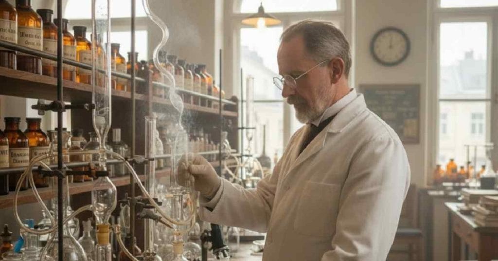 Soren Peder Lauritz Sorensen working in a lab.