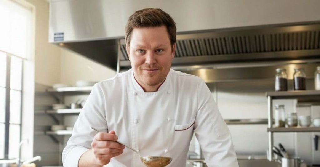 Jeppe Foldager cooking and smiling.