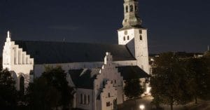 Budolfi Church at night.
