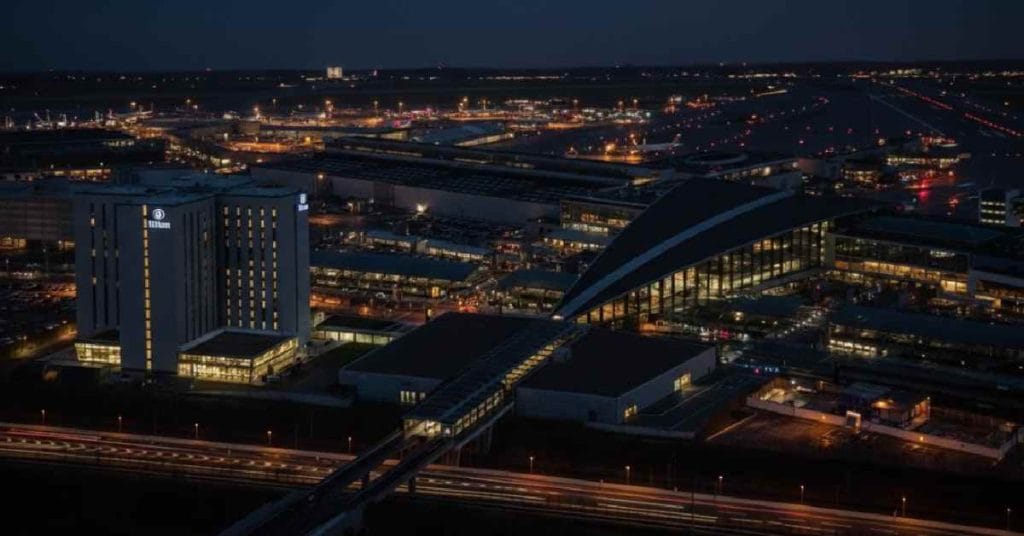 Kobenhavns Lufthavne A/S at night.