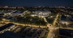 Novo Nordisk building at night.
