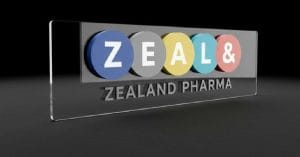 Zealand Pharma logo on glass.