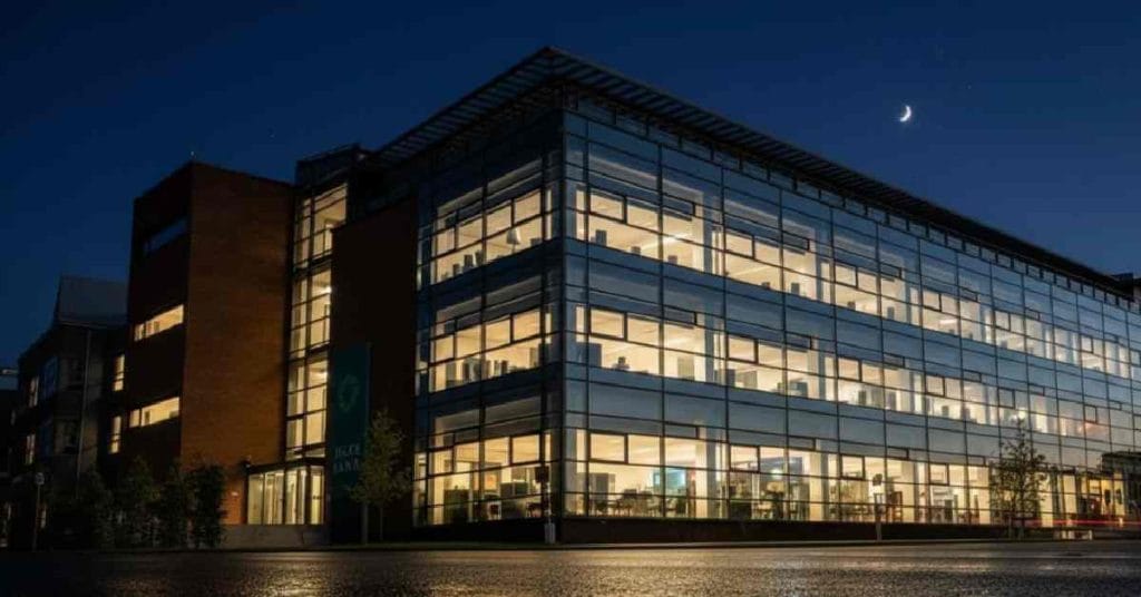 Jyske Bank A/S building at night.