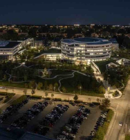 Novo Nordisk building at night.